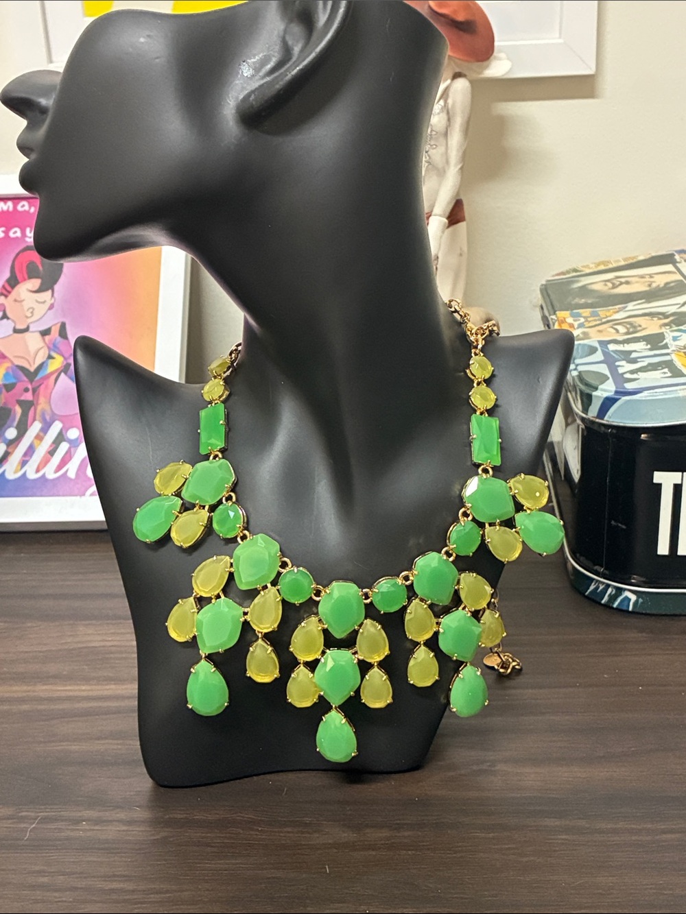 2010s Stella & Dot Green & Yellow Statement Bib Necklace